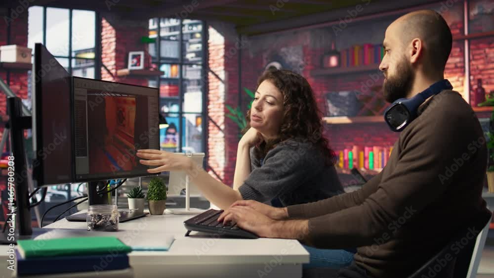 Poster Two developers team interact with virtual AI assistant on PC to design a game hub, using machine learning to generate futuristic space station designs for a sci fi video game. Camera A.