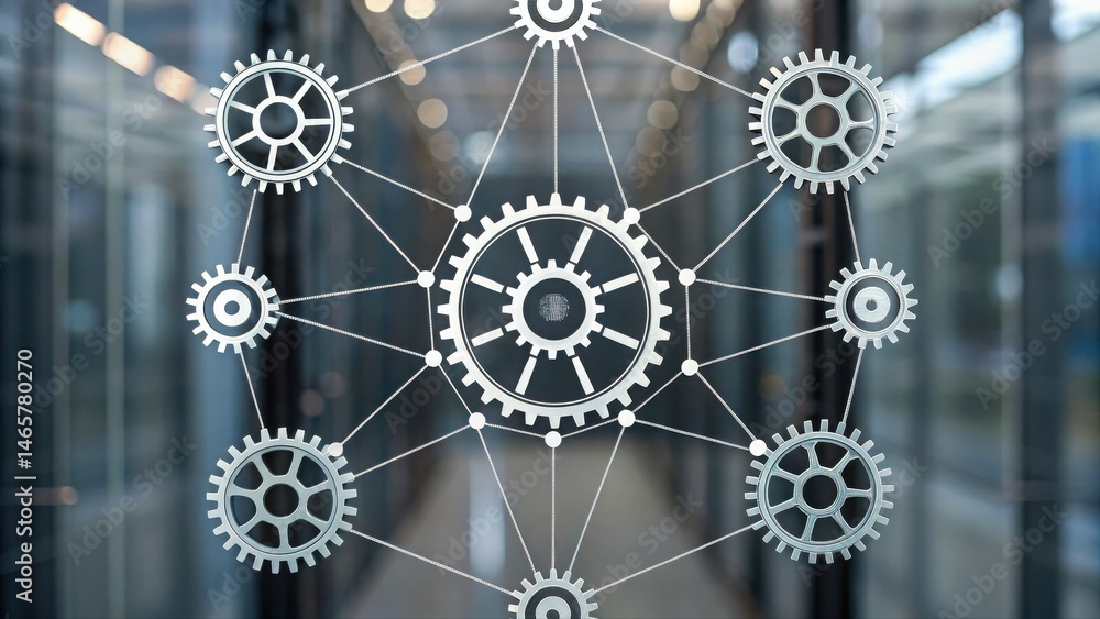 Poster network connection automation technology concept with interconnected gears symbolizing digital conne