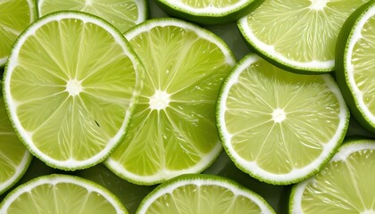 Vibrant lime slices arranged in a close-up shot showcasing their juicy texture and bright green color