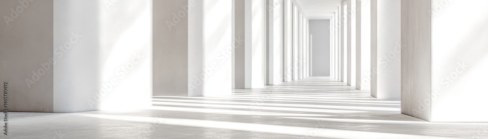 Poster sunlit white columns in a modern building hallway