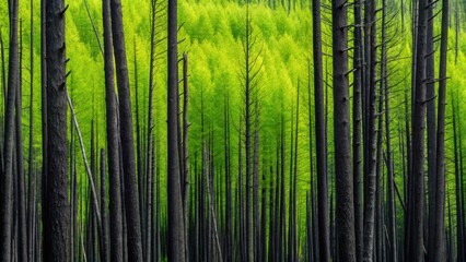 Fototapeta premium Lush green forest with tall slender trees and vibrant foliage creating a serene natural landscape with sunlight filte through the dense canopy