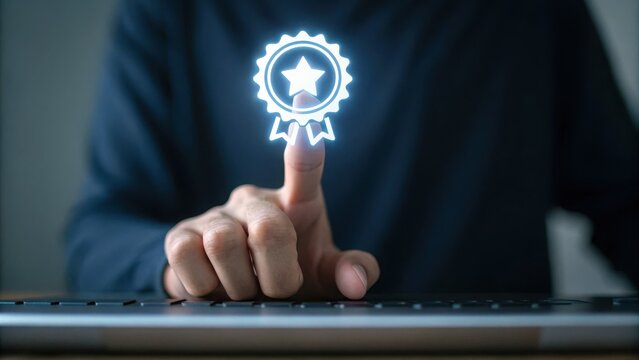 Business professional in formal suit pressing virtual achievement badge icon on digital tablet to symbolize success, excellence, and professional recognition