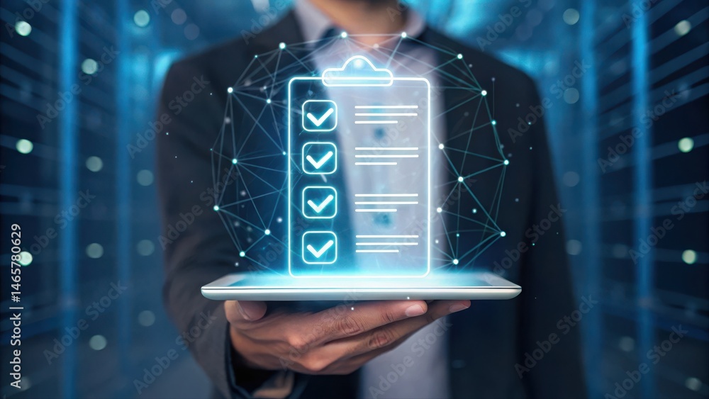 Poster futuristic digital checklist on tablet device with glowing checkmarks and network graphics in a high