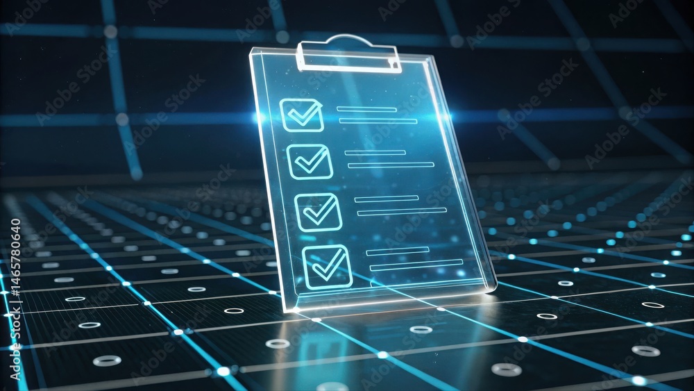 Poster futuristic digital hologram of a transparent security checklist clipboard with checkmarks floating a