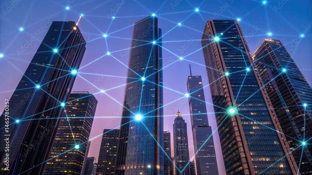 Poster modern futuristic city skyline with interconnected digital network lines and glowing nodes reflectin