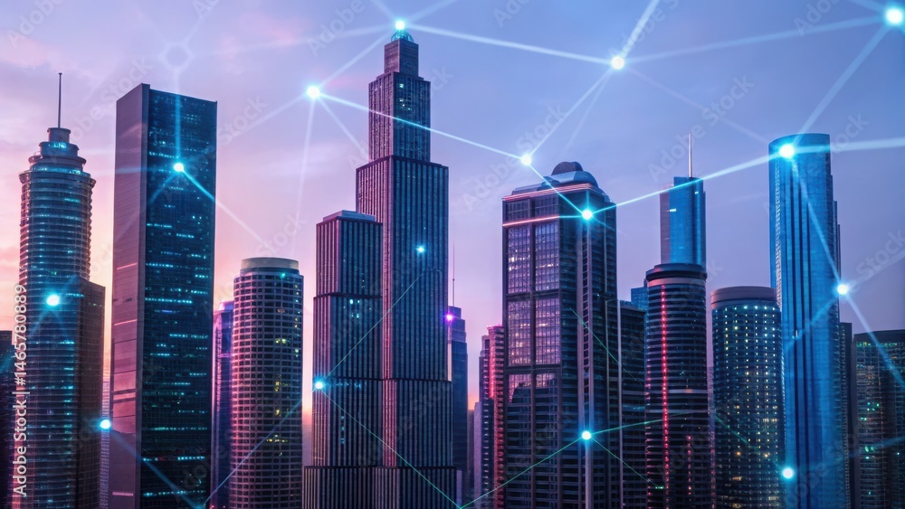 Poster modern futuristic city skyline with connected digital network overlay showing technology integration