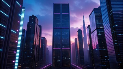 Obraz premium Stunning futuristic cityscape with towe glass skyscrapers illuminated by neon lights du twilight creating a vibrant urban skyline scene