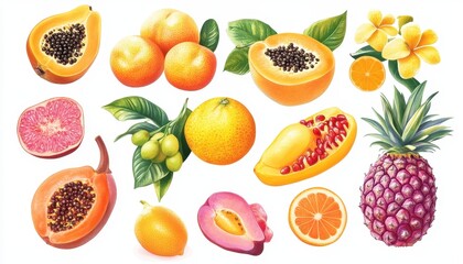 Vibrant Watercolor Illustration of Tropical Fruits