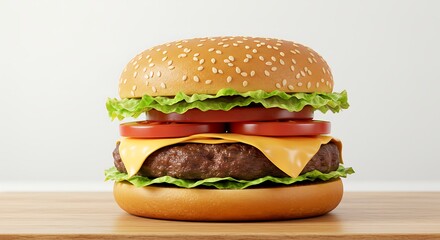 Delicious Burger with Fresh Ingredients on Wooden Surface