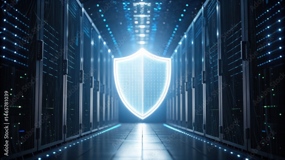 Poster modern digital security shield symbol glowing in a high-tech data center with servers and illuminate