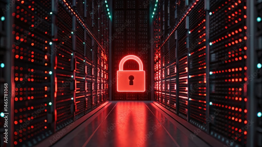 Aufkleber futuristic data center corridor with glowing server racks and neon red lock symbol representing cybe