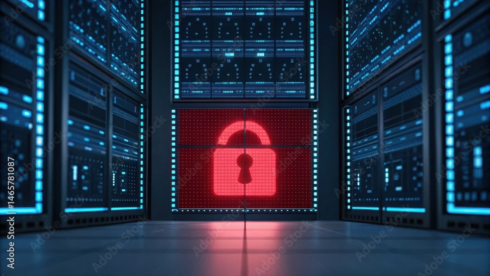 Poster modern cybersecurity server room with digital lock symbol illuminated on large digital screen in sec