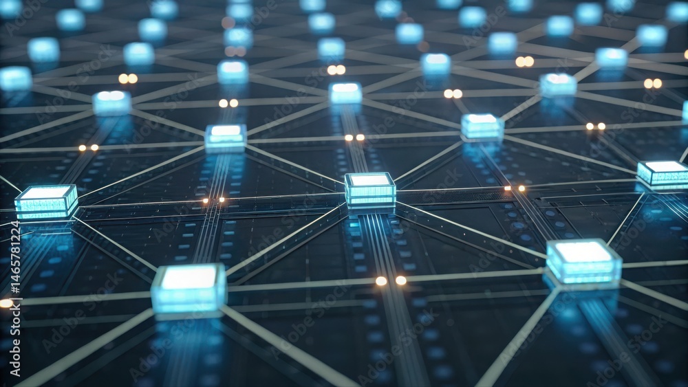 Poster futuristic digital network with illuminated interconnected nodes and glowing lines representing data