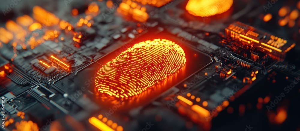 Poster advanced biometric security on a circuit board, glowing fingerprint scan