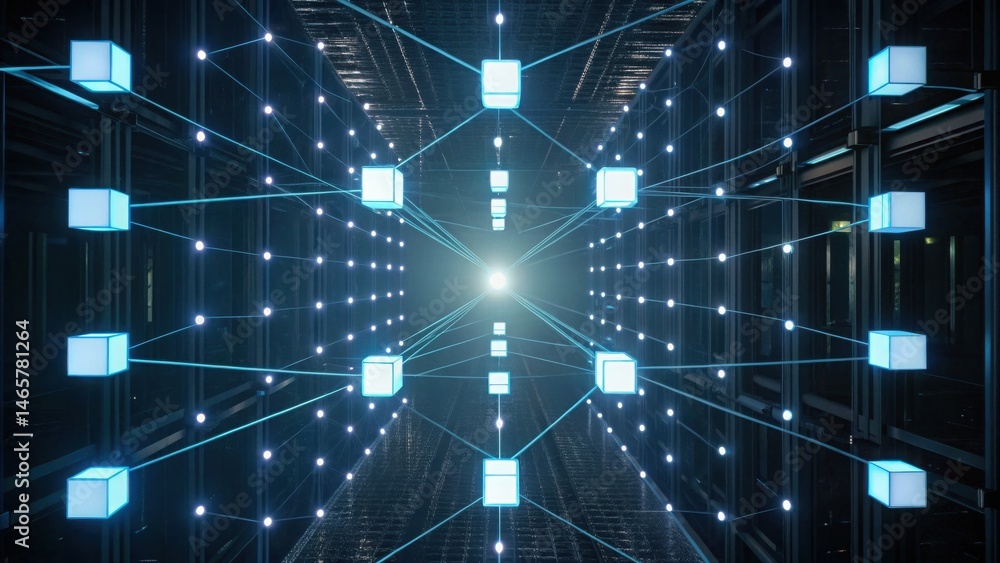 Poster futuristic digital data network with interconnected glowing grid of nodes and lines in a high-tech v