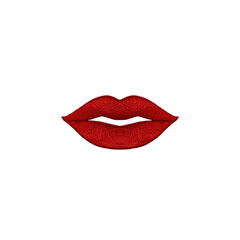 Pair of red lips with textured appearance, resembling embroidery, is centered on transparency background, creating bold and striking visual