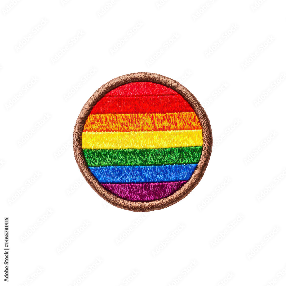 Poster round embroidered patch features vibrant rainbow stripes, symbolizing diversity and inclusion. patch