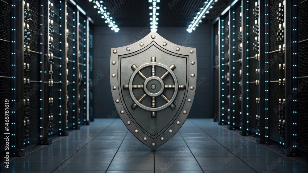 Poster advanced secure data storage server room with shielded vault and row of high capacity servers in a m