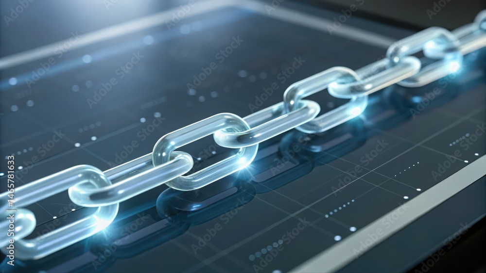 Poster close-up of a transparent digital blockchain chain on a reflective dark surface representing technol