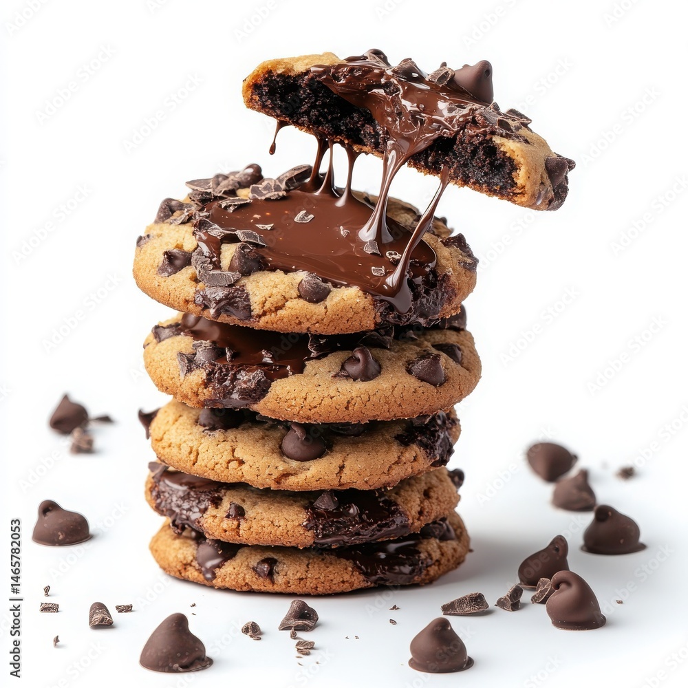 Poster stack of chocolate chip cookies with melting chocolate on a white background. chocolate cookies with