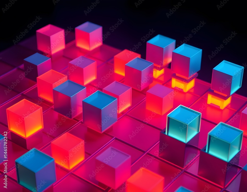 Poster isometric cubes grid image featuring glowing neon accents, a visually captivating design. perfect fo