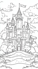 Obraz premium Coloring page of a beautiful fairy tale castle with towers flags and clouds for kids and adults fun time