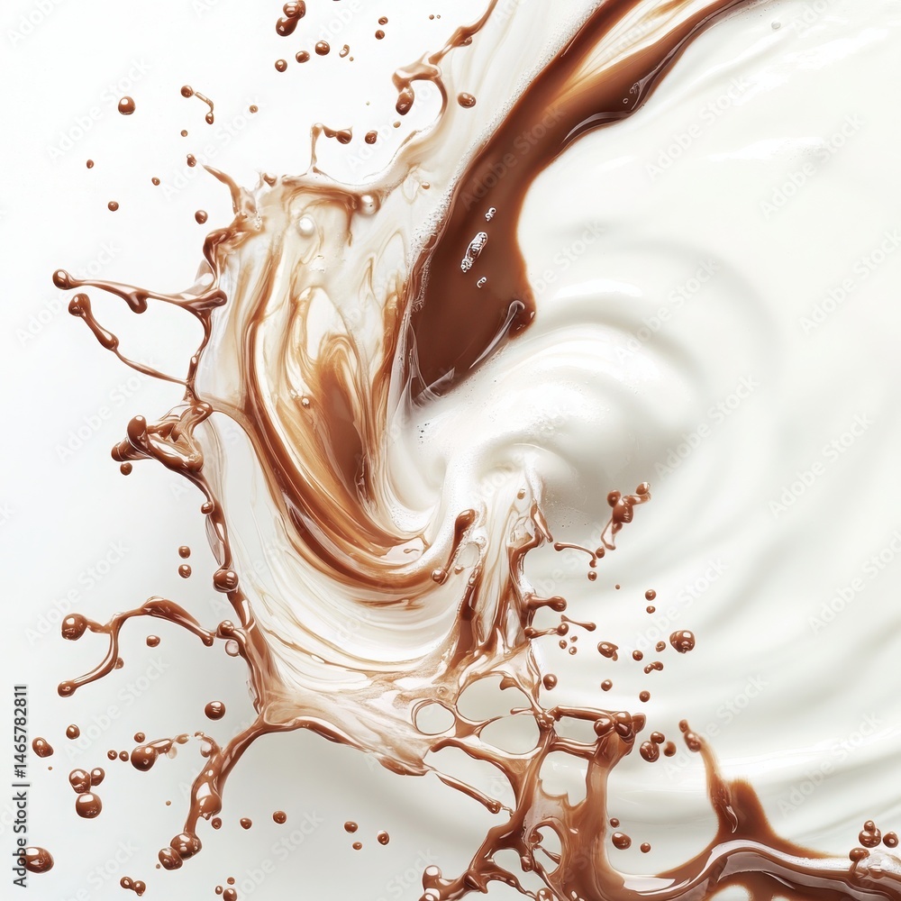Poster chocolate and milk swirling together in a dynamic splash on a plain white background creating abstra
