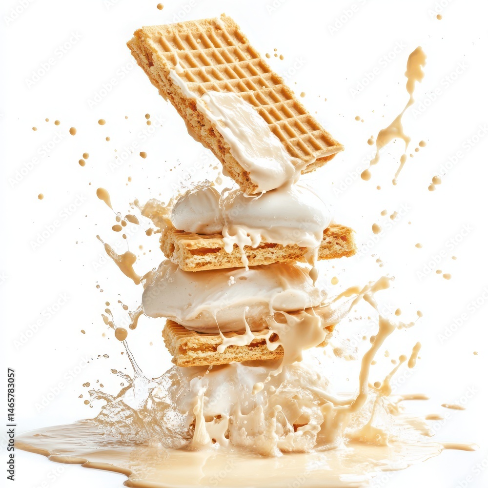 Poster a stack of waffles with white cream and a splash on a white background in a studio shot. chocolate c