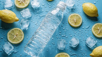 Refreshing Lemon Water with Ice Cubes and Lemon Slices on a Bright Blue Surface for Hydration and Cooling Beverage Enjoyment Du Summer Days