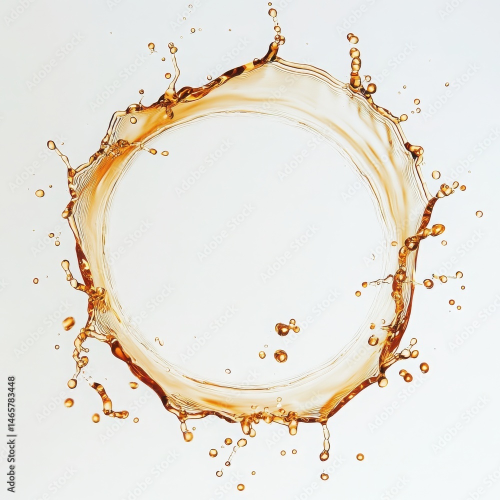 Poster golden liquid forms a circular splash with droplets on a white background. vector illustration of a 
