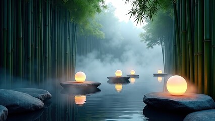 zen bamboo forest with lantern stones