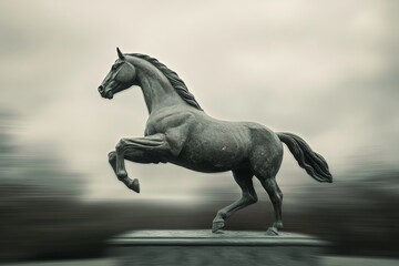 Fototapeta premium Gray bronze sculpture of a prancing horse.