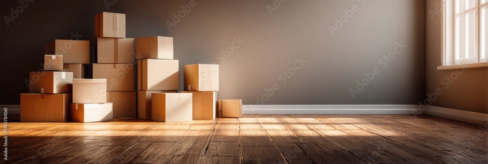 Aufkleber Moving Boxes Stacked on Floor in a Well-Lit Room With an Empty Wall and Soft Natural Light Illuminating the Space Generative AI