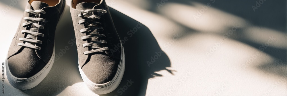 Poster Sneakers Arranged Diagonally on a White Surface With a Soft Shadow Creating a Minimalist and Modern Aesthetic in a Well-Lit Space Generative AI