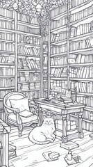 Detailed library interior illustration with cat and books for coloring page and relaxation art therapy
