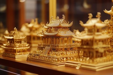 Fototapeta premium Exquisite golden miniature architectural structures displayed on a shelf.