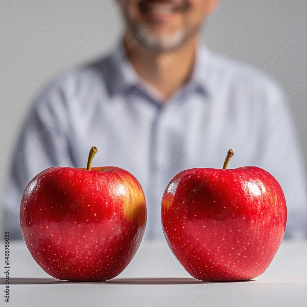 Poster two red apples sitting on a table with a blurred man in a white shirt in the background smiling soft