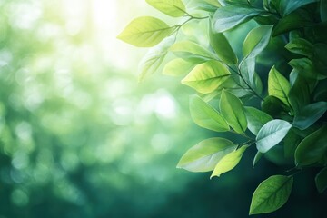 Close-up of vibrant green leaves illuminated by soft natural sunlight with a blurred green foliage background evoking freshness and tranquility