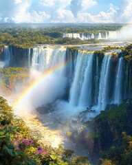 Fototapeta premium Majestic wide cascading waterfalls surrounded by lush green forest under a partly cloudy sky with a vibrant rainbow forming in the mist, creating a serene and awe-inspiring natural scene