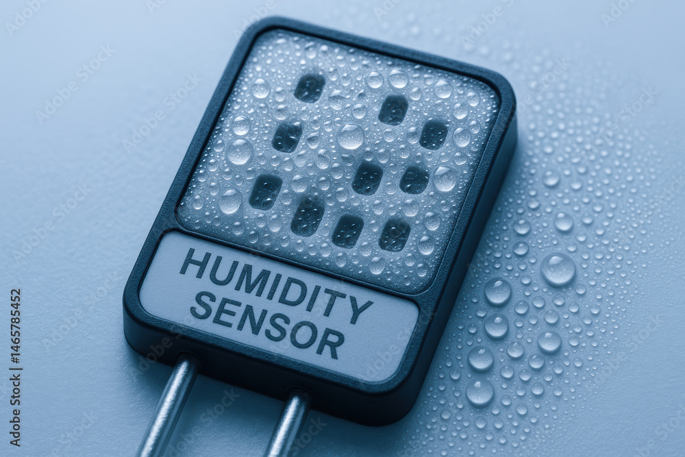 Poster humidity sensor with water droplets on surface used for inspection and monitoring in industry to ens