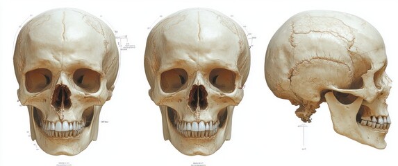 Detailed anatomical illustrations of a human skull from front and side views with labeled measurement lines showing bone structure and sutures