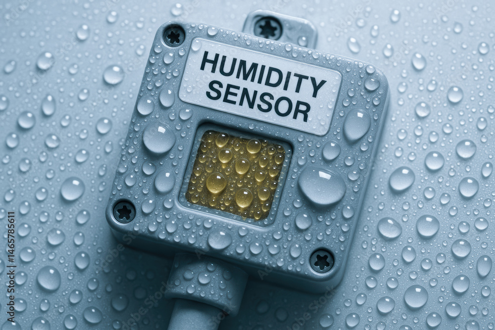 Poster humidity sensor with water droplets on surface used for inspection and monitoring in industry enviro