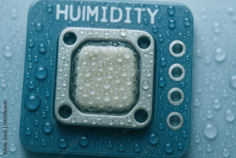 Poster humidity sensor with water droplets on surface for inspection and monitoring in industry environment