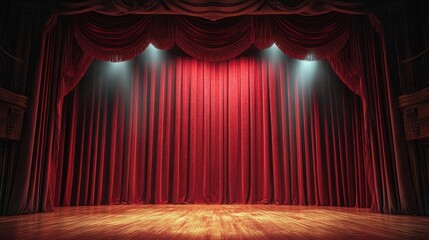 Empty theater stage with closed red velvet curtains illuminated by spotlights and polished wooden floor creating an elegant and anticipatory atmosphere
