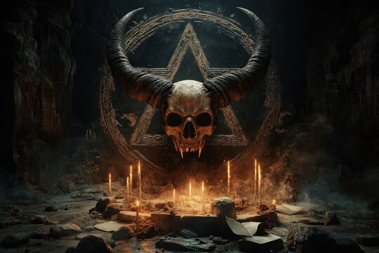 Dark ritual setting in a cave with a large horned skull mounted on a pentagram symbol surrounded by burning candles and ancient scrolls emitting an eerie atmosphere - Powered by Adobe