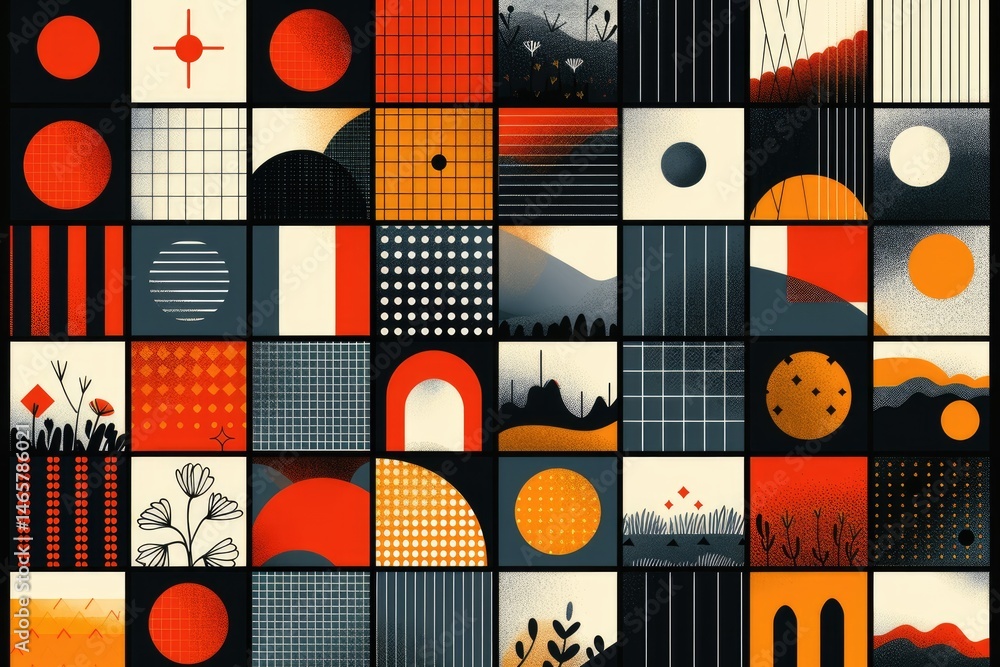 Aufkleber colorful abstract design composed of geometric shapes and patterns.