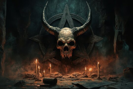 Dark ritual scene featuring a large horned skull mounted on a pentagram with glowing candles surrounding it in a smoky, eerie cave - Powered by Adobe