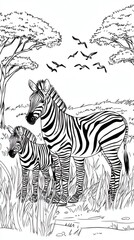 Zebra animal coloring page for kids and adults illustration wildlife drawing outline nature art design