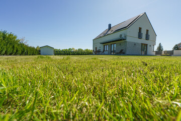 Fresly cut lawn in the back garden of fully detached house. Selective focus on the grass