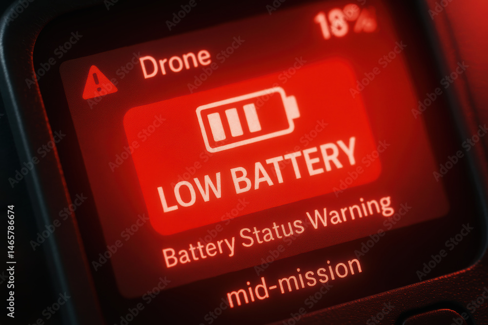 Aufkleber low battery warning on drone screen indicates urgent inspection and monitoring in industry to preven
